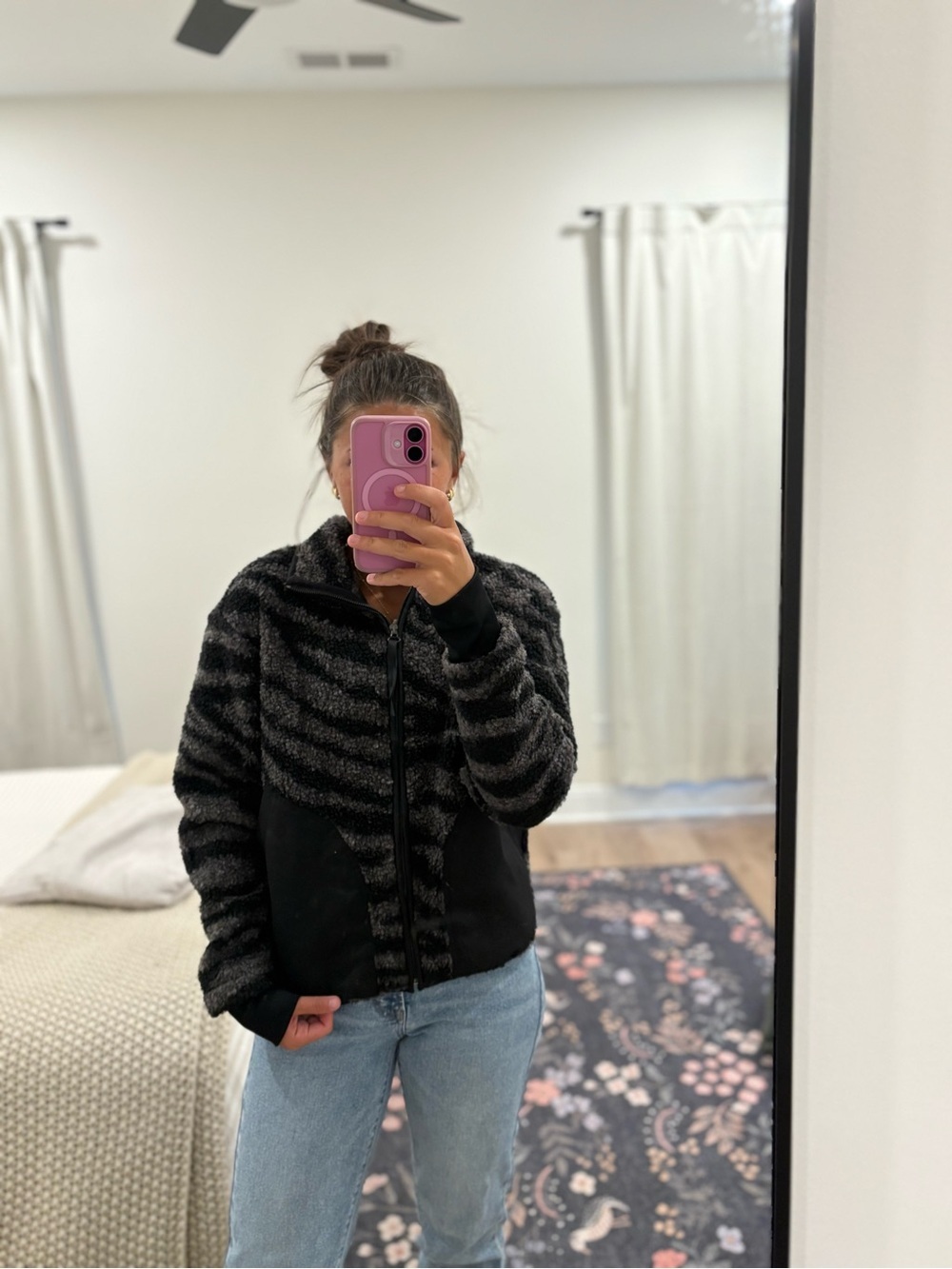 Varley Napoli Fleece Sherpa Zebra Print Jacket in Grey and Black